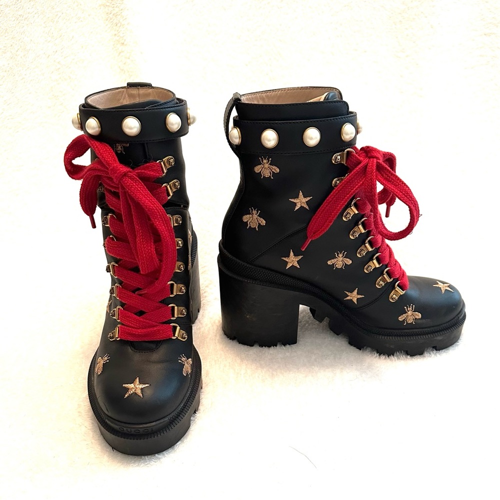Gucci Ladies Embroidered Bee & Star Combat Boots 38.5